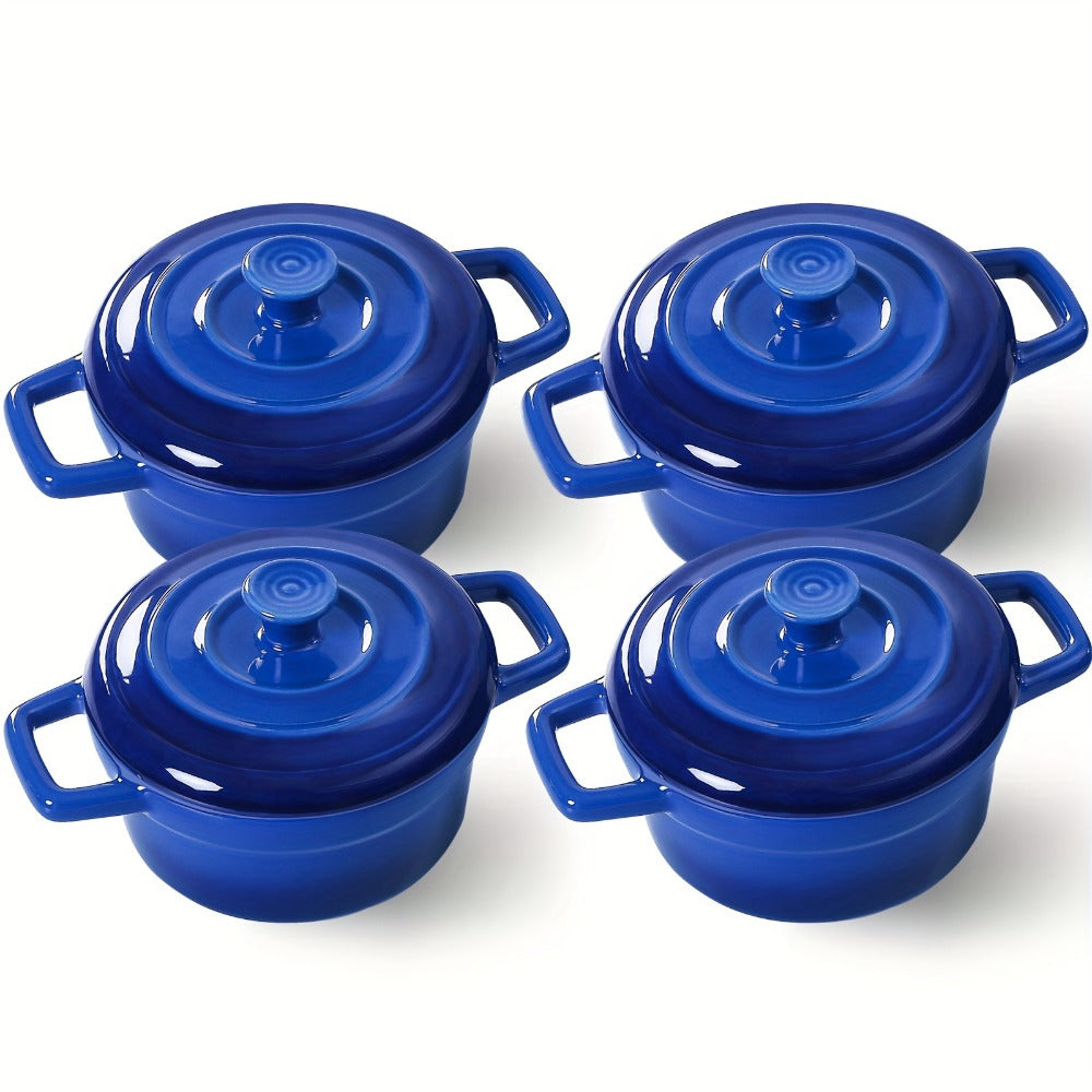 Mini Cocotte Ceramic Casserole Dishes Set of 4 with Lids and Handles - 12oz Oven Safe Baking Ramekins Microwave Dishwasher Safe Cookware