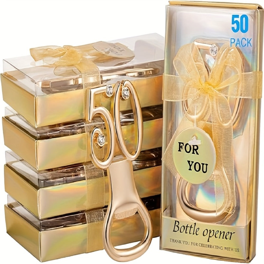 Rhinestone Bottle Opener Party Favors 50 Pack - Gold 50th Birthday & Wedding Anniversary Souvenirs for Guests, Decorative Beer Opener Bulk Party Favors with Rhinestone Bling Decoration