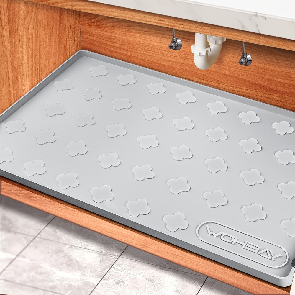 Under Sink Mat Waterproof Silicone 34¡± x 22¡± Undersink Drip Tray Liner for Kitchen Bathroom Cabinet, Holds 2 Gallons, Non-Toxic Durable Cabinet Protector with Raised Edges Four-Leaf Clover Pattern