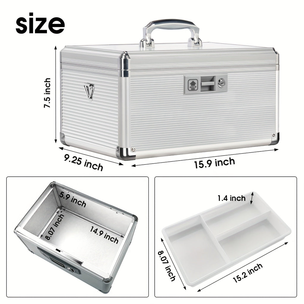 Aluminum Alloy Lockable Medicine Box ¨C Double Layer Large Capacity Storage Box with Key Lock, Handle & Tray for Medicines, Documents & Valuables, 10¡±/12¡±/14¡±/16¡± Home Security Box