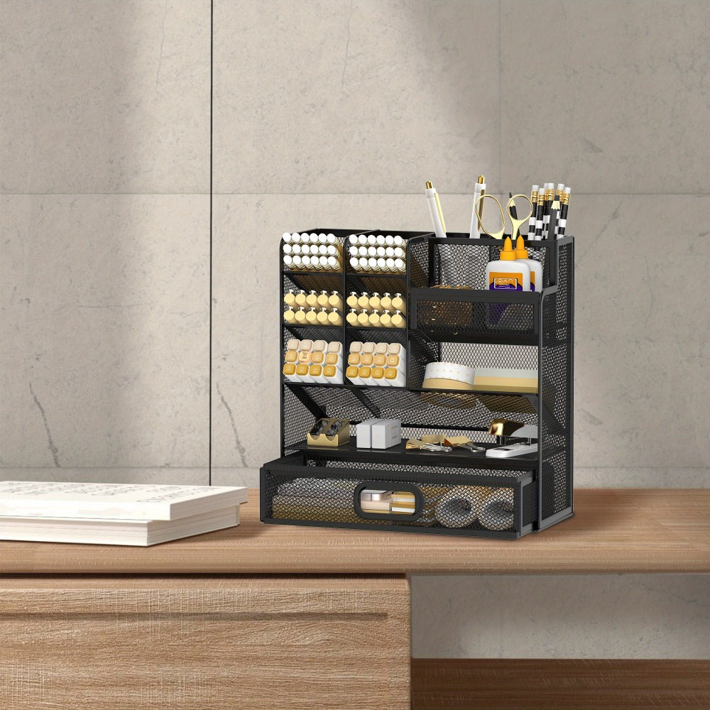 Mesh Desk Organizer with Drawer ¨C Multifunctional Desktop Pen Holder & Office Supply Organizer for Home Office, School & Art Studio ¨C Pencil Cup Caddy with Storage Compartments, Multiple Colors Available