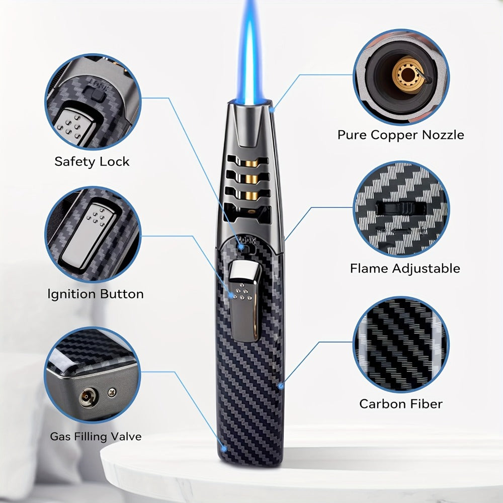 Kitchen Torch Lighter Carbon Fiber Windproof, Adjustable High-Temperature Flame with Safety Lock, Refillable Butane Culinary Torch for Baking, Creme Brulee, Caramel, Welding & Outdoor Use ¨C Black & Gray (Butane Not Included)