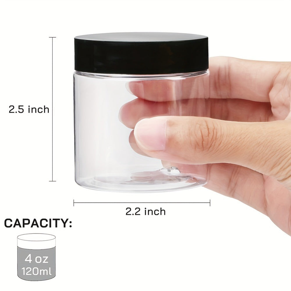 Clear Plastic Jars with Lids 4oz Set of 12 - Leakproof Food Storage Containers with Black Lids for Spice, Honey, Candy, Slime