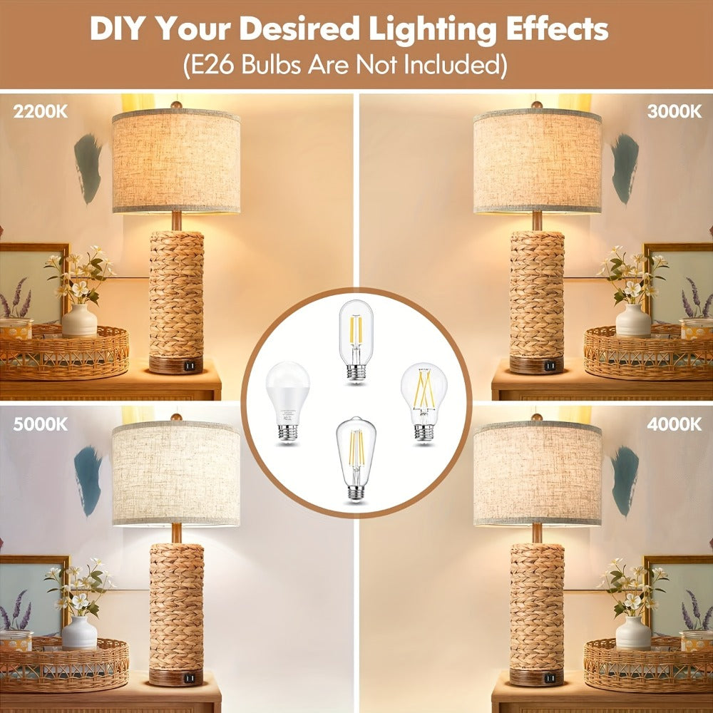 Rattan Table Lamp Set of 2 with USB Ports - 27 Inch Tall Woven Seagrass Bedside Nightstand Lamps for Living Room Bedroom End Table, Coastal Farmhouse Rustic Decor, E26 Socket Rotary Switch