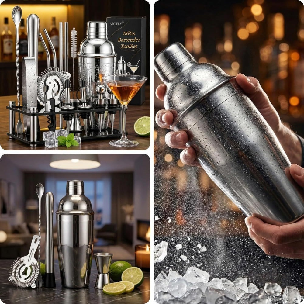 Bartender Kit 18-Piece with Acrylic Stand, 18/8 Stainless Steel Bar Set, Martini Shaker, Jigger, Muddler & Recipe Book ¨C Complete Home Bar Tool Set