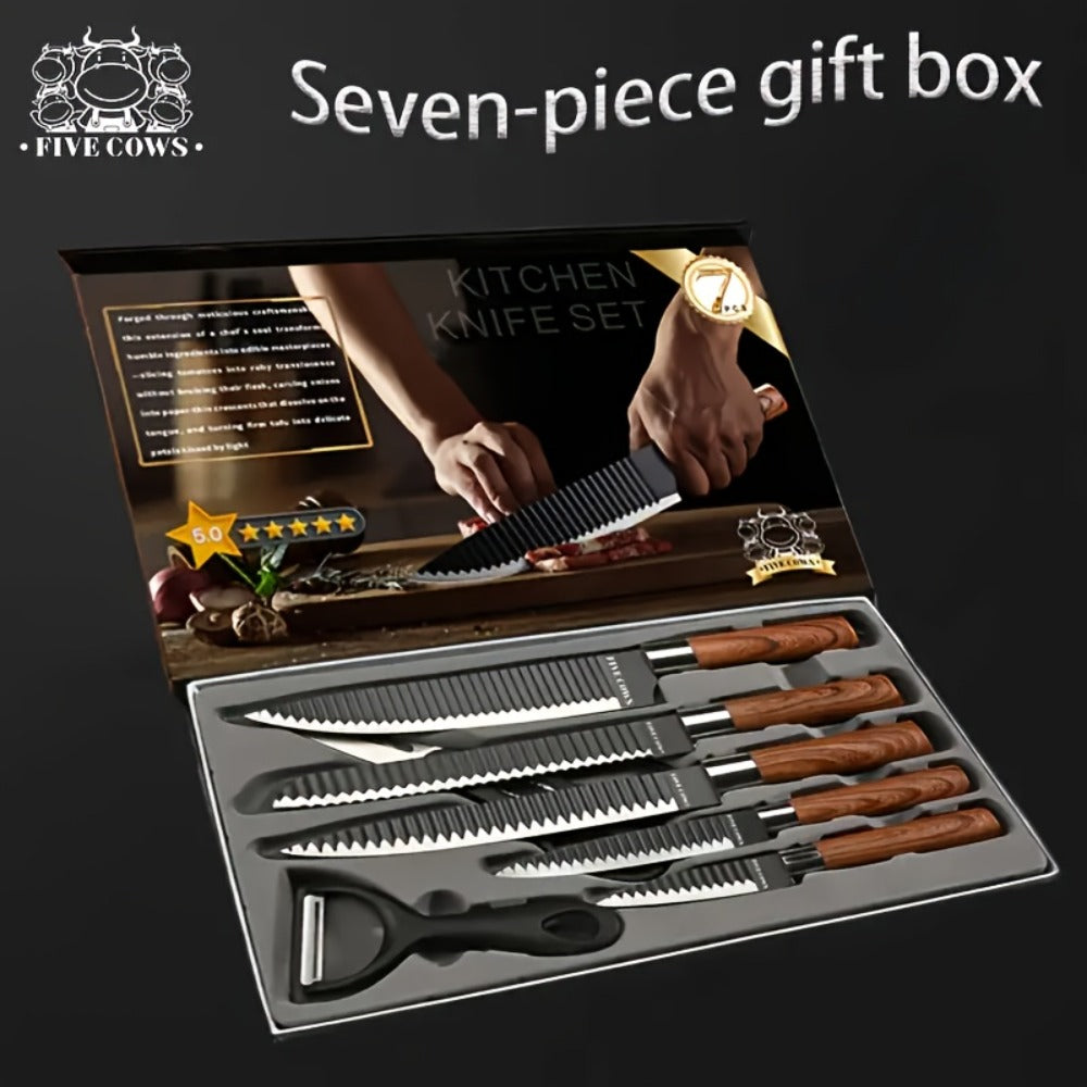 Kitchen Knife Set 6 & 7-Piece High-Carbon Stainless Steel with Ergonomic Wooden Handles ¨C Ultra-Sharp Chef's Knife, Peeler & Scissors