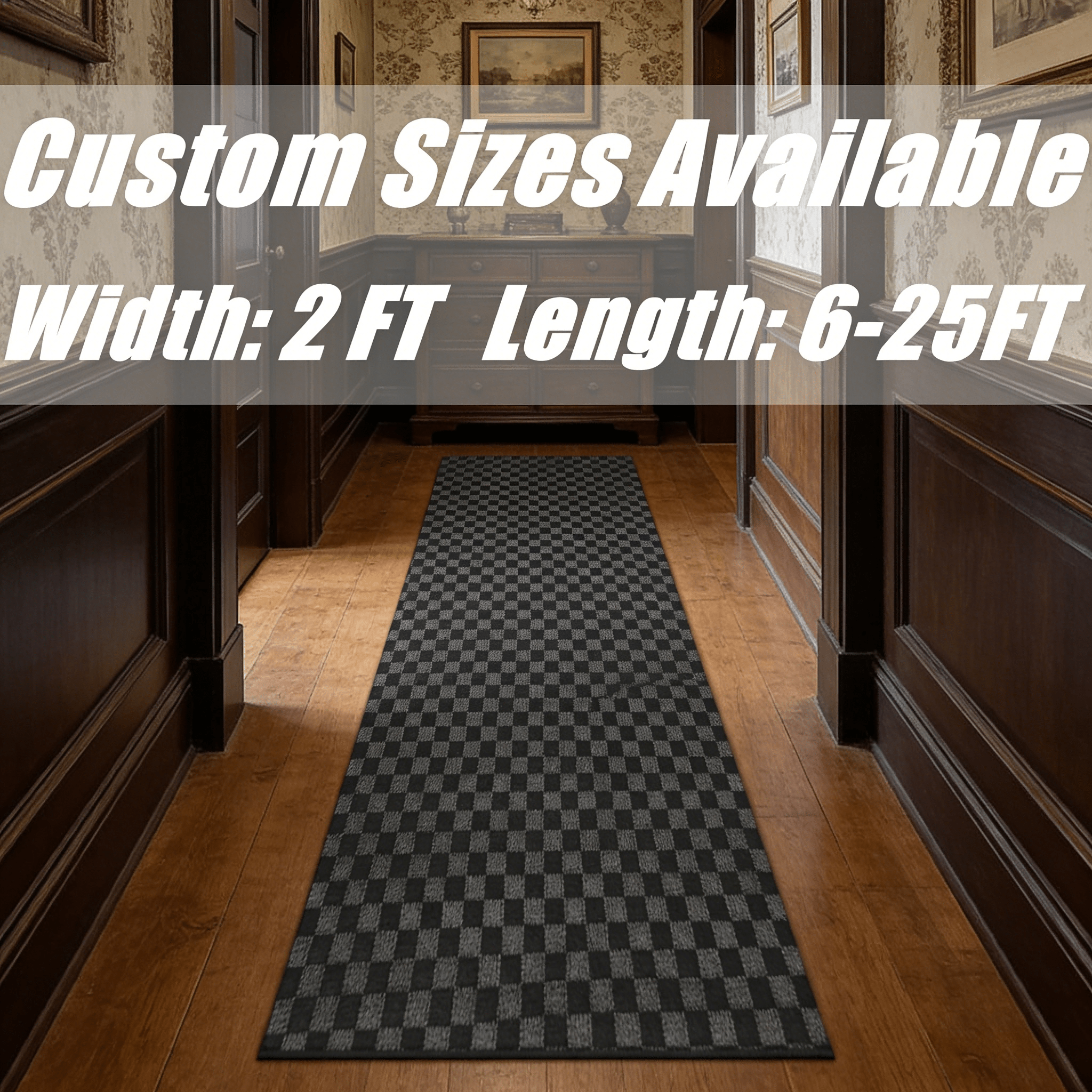Runner Rug Non-Slip Rubber Backing Indoor Outdoor Hallway Kitchen Entryway Bedroom Carpet Runner Stain Resistant Low Pile Easy Clean Multiple Sizes 2FT Wide 8 Colors Grid Strip
