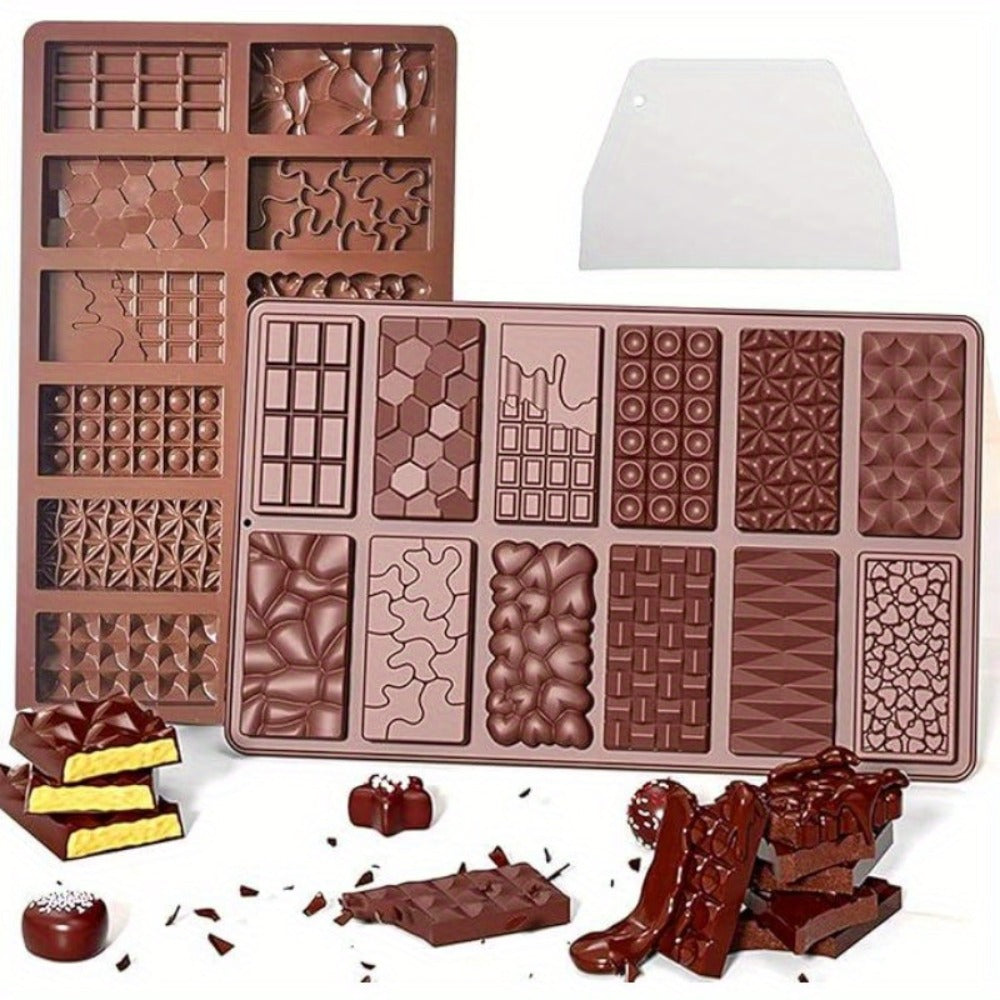Silicone Chocolate Molds 3 Pack, 12 Cavity Food Grade BPA-Free Non-Stick Chocolate Bar Mold with Scraper, Easy Pop Out Candy Mold for Homemade Chocolate, Wax Melts, Soap, Valentine's Day, Thanksgiving