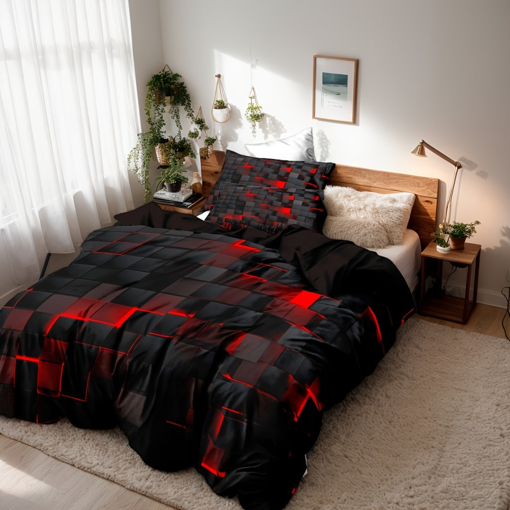 Duvet Cover Set Queen King Twin Full 3D Geometric Cube Print | 3-Piece Polyester Bedding Set | Black Blue Grid Pattern | All-Season Soft Quilt Cover + 2 Pillowcases | Machine Washable