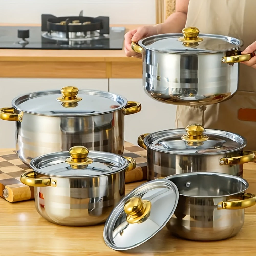 304 Stainless Steel Cookware Set with Golden Handles, 1/10/15pcs Deep Thick Soup Pot & Pan Set for Induction & Gas Stoves, Outdoor Camping & Kitchen Cooking, Pink, Silver & Orange