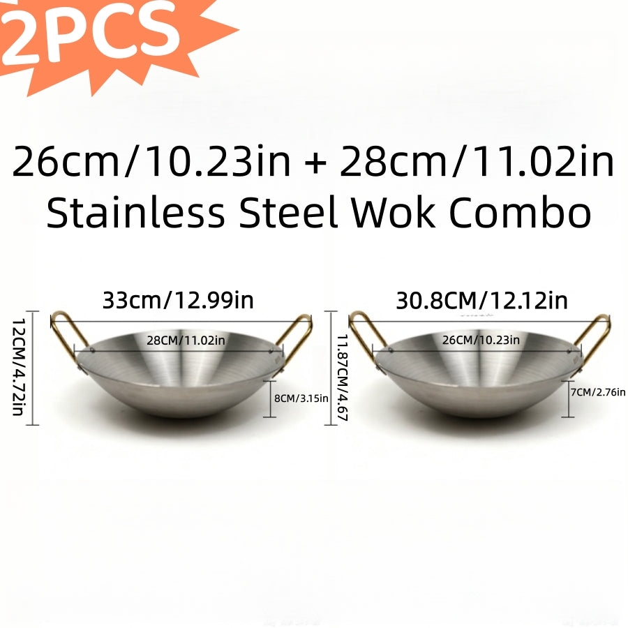 Stainless Steel Wok Set 2pcs 10in + 11in | Heavy Duty Non-Stick Frying Pan with Stainless Steel Handle ¨C Dishwasher Safe Cookware for Home Kitchen & Outdoor Cooking