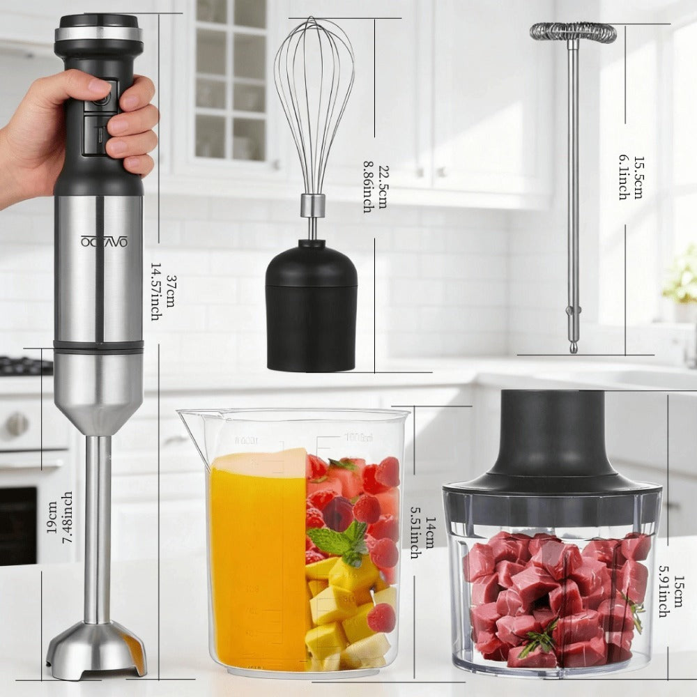 800W Immersion Hand Blender 5-in-1 Set ¨C Stainless Steel Stick Mixer with Whisk, Frother, 1000ml Cup & 450ml Food Chopper for Smoothies, Soup & More