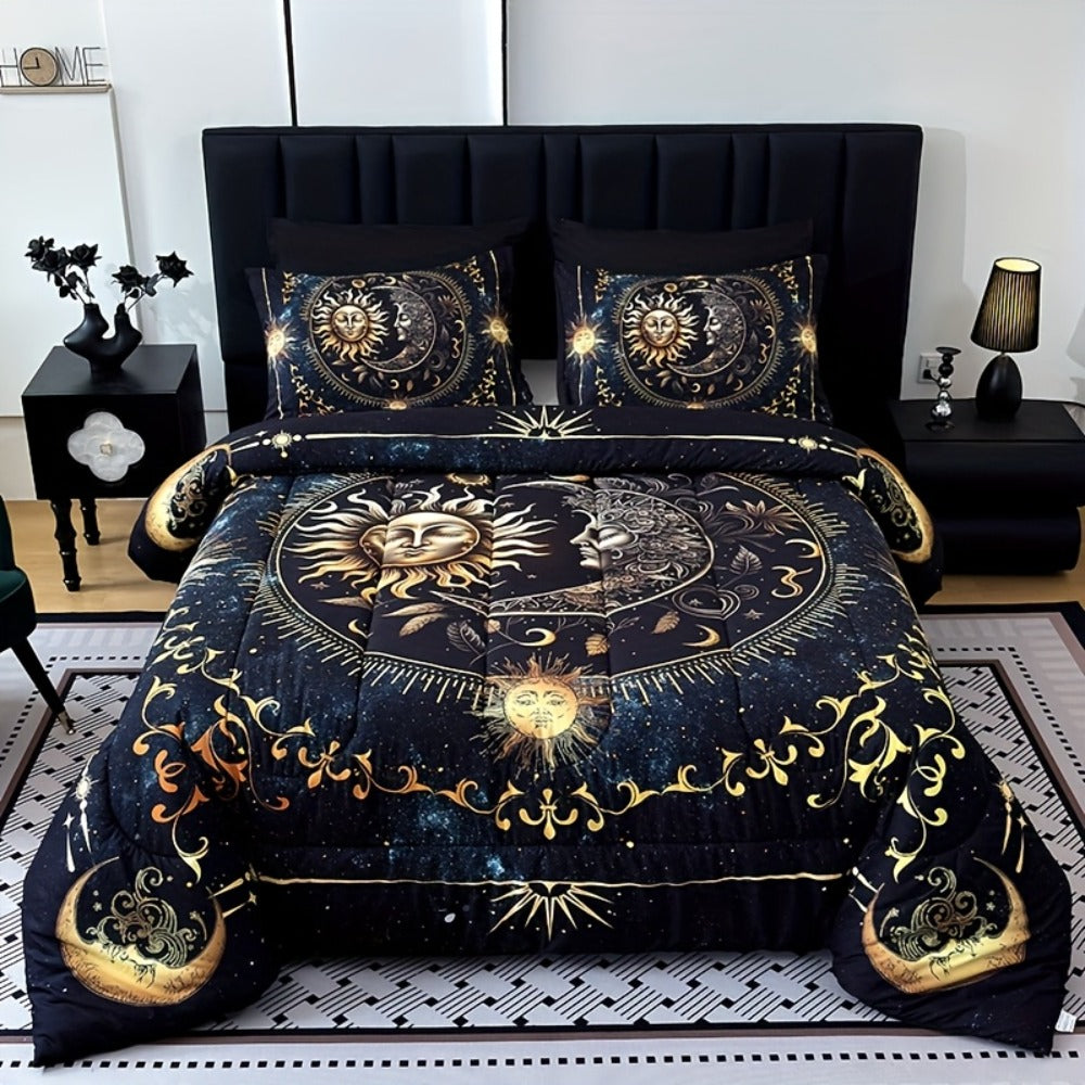 Sun Moon Planet Comforter Set 3pcs Digital Print Quilted Bedding 1 Comforter 2 Pillowcases 180GSM Soft Breathable Black Celestial Bedroom Decor Twin Full Queen King Size Dormitory