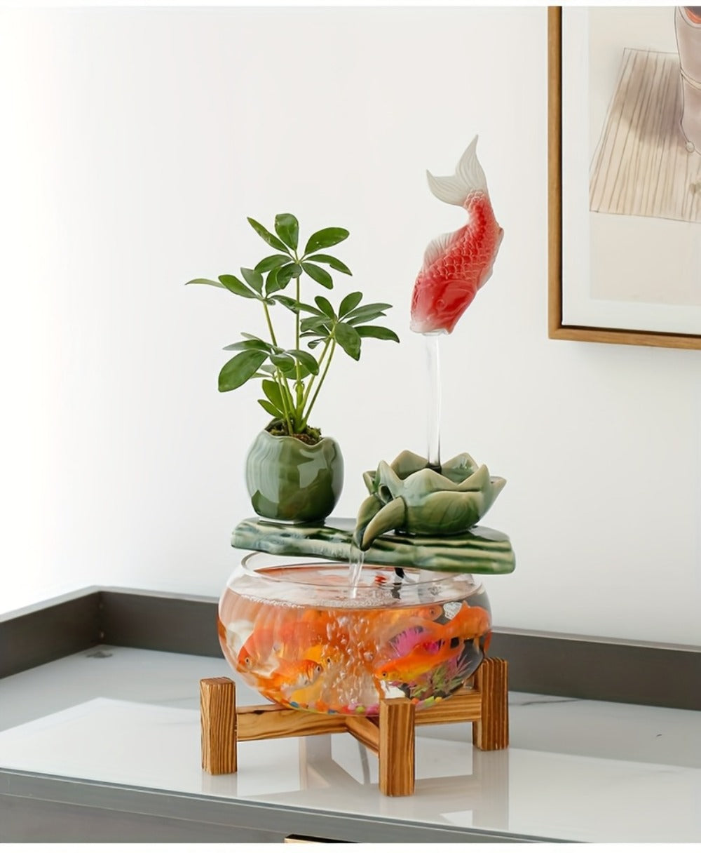 USB Desktop Fish Waterfall Fountain with Glass Bowl ¨C Relaxing Indoor Water Feature Tabletop Decor Zen Fountain Gift