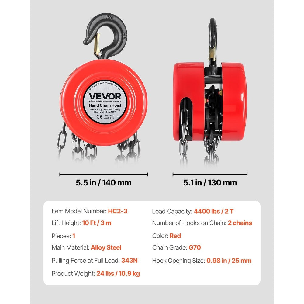 Hand Chain Hoist 2200 lb / 4400 lb Manual Chain Block with G70 Chain ¨C 8 ft / 10 ft / 20 ft Lift Height, 360¡ã Rotating Hooks, Security Brake, for Garage, Construction & Warehouse Lifting