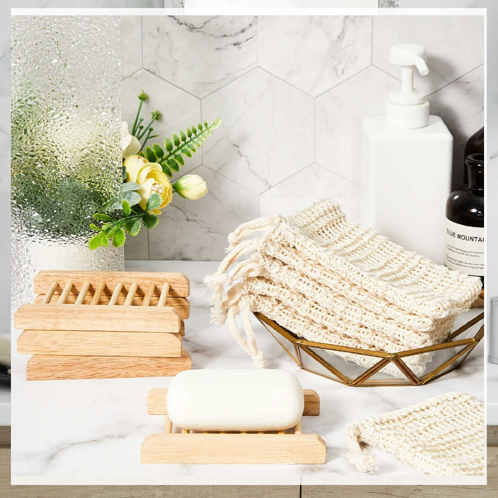 Soap Exfoliating Mesh Bag with Wooden Holder Set 60 Pcs | Natural Sisal Bath Scrubber Bags & Rectangle Wood Soap Dish for Shower, Bathroom Sink, Body Scrub & Skin Cleansing Accessories