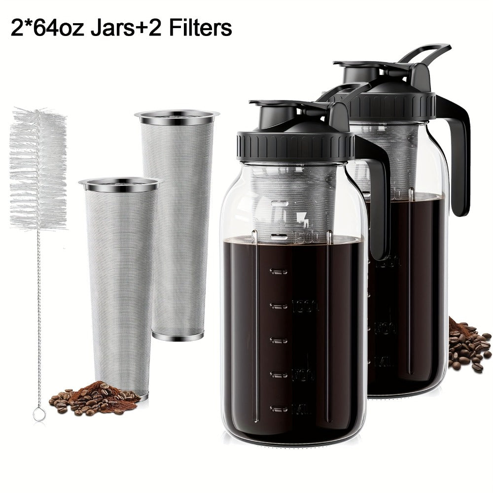Cold Brew Coffee Pot Set with Stainless Steel Filters & Cleaning Brush - 32oz Glass Mason Jar Cold Brew Maker for Home, Kitchen & Restaurant, Multi-Serve Cold Brew Pitcher Set for Family & Entertaining