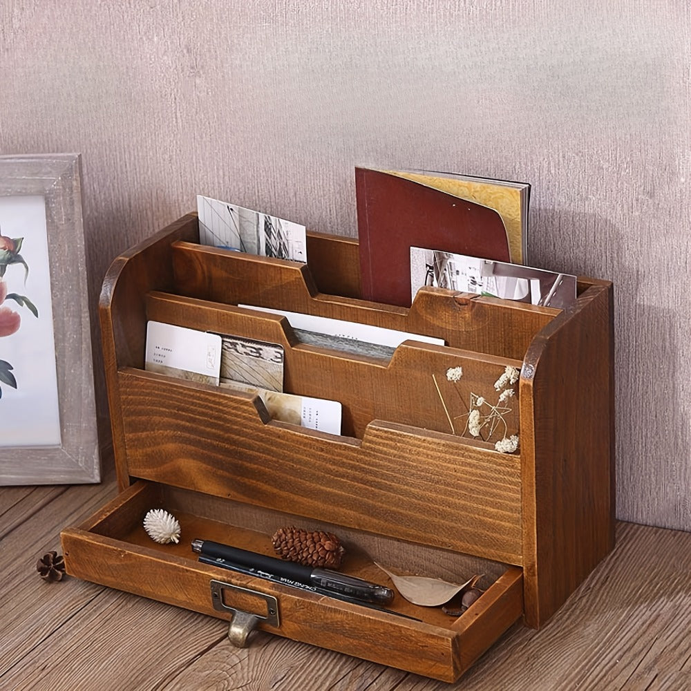Wooden Desktop File Organizer with Drawer ¨C Multi-Compartment Document Storage Rack for Office, Home & Study ¨C Desk File Folder Holder with Sundries Organizer Shelf for Papers, Books & Supplies