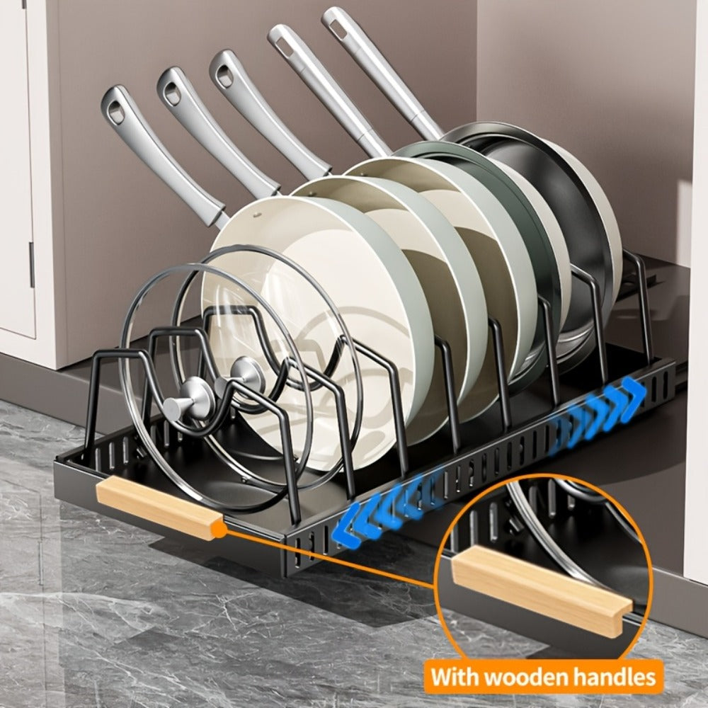 Pull Out Pot and Pan Organizer for Cabinet - Sliding Lid Rack with 8 Adjustable Dividers for Kitchen Cabinet Storage, Drill-Free Installation Pan Holder for Lids Baking Sheets and Cookware, Available in 1 or 2 Pack in Black or White