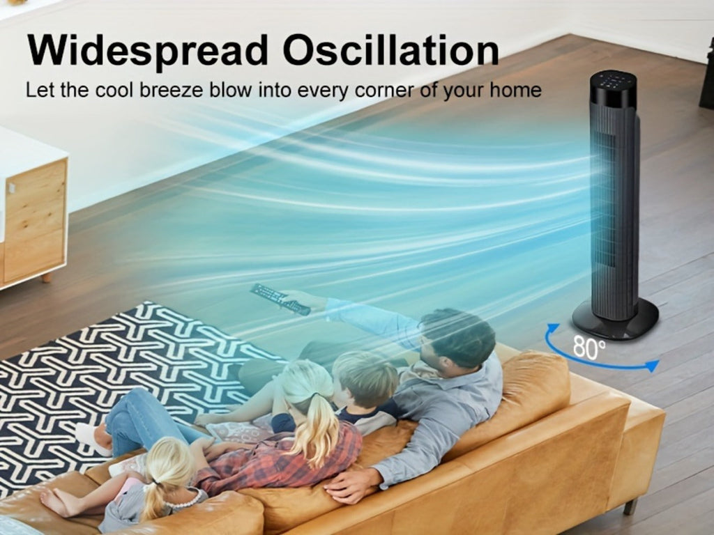 Tower Fan 31 Inch Bladeless | 80¡ã Oscillating Standing Fan with Remote Control, 7.5H Timer & 3-Speed Settings, Quiet Cooling Fan for Bedroom, Living Room & Office ¨C Black & White