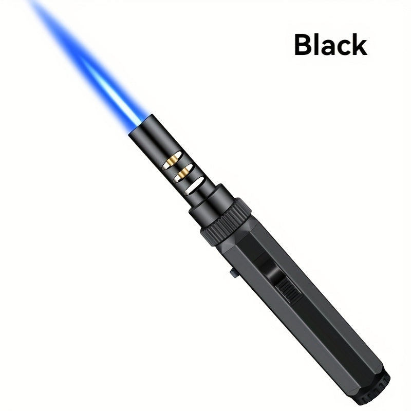Windproof Jet Flame Torch Lighter with Safety Lock & Switch Lock, Large Adjustable Flame, Outdoor Torch for Campfire BBQ Baking Camping, Gas Not Included, Black Silver Blue