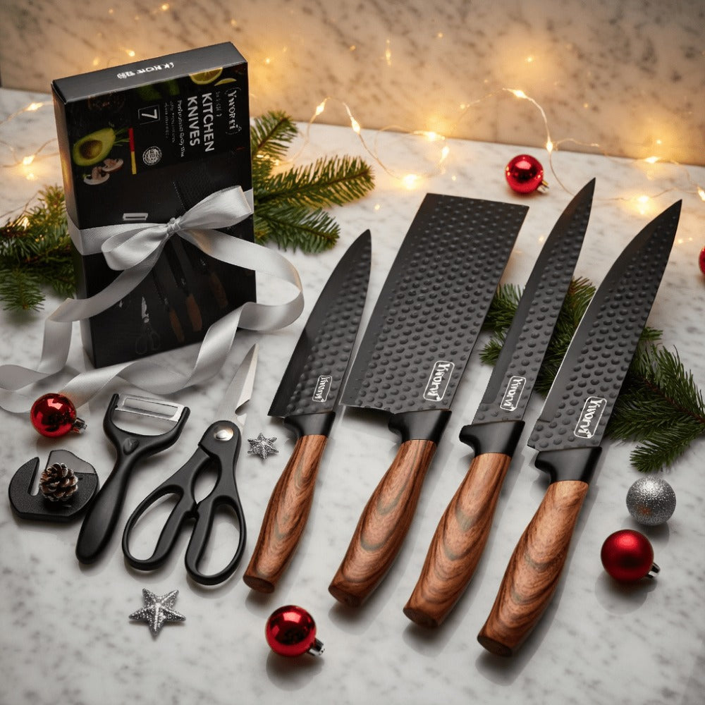 Chef Knife Set 7 Piece High Carbon Stainless Steel Ultra Sharp ¨C Anti-Stick Ergonomic PP Handle, Includes Slicing Knife, Scraper, Scissors & Whetstone, Gift Box for Home, Family & Travel