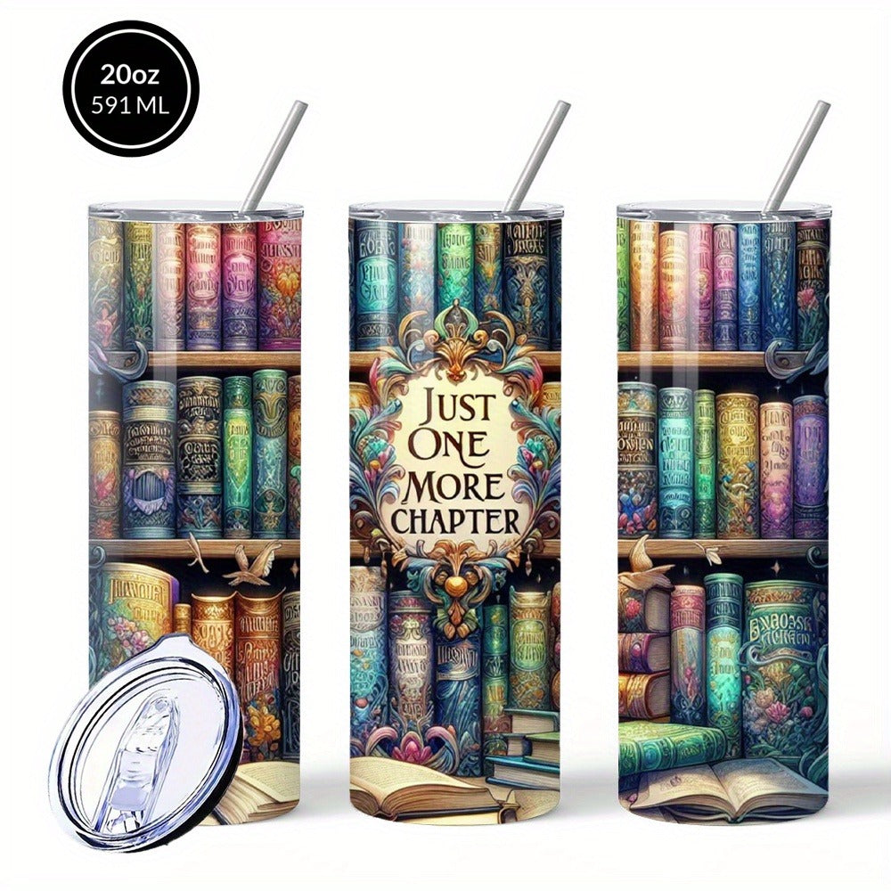 Vintage Bookshelf Insulated Tumbler 20oz - Stainless Steel Travel Mug with Lid & Straw Hot Cold Drinks Coffee Cup Camping Drinkware Gift for Book Lovers (Multicolored)