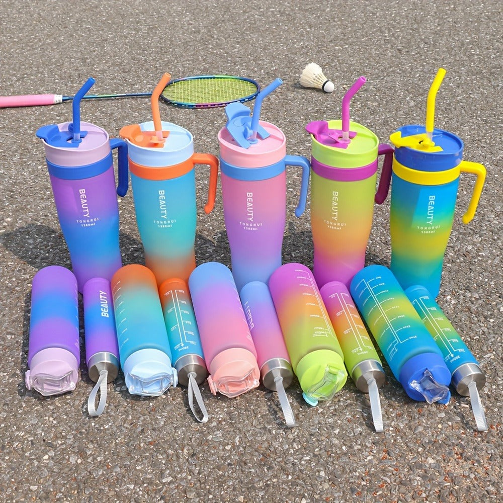 Tumbler Set 3pcs Gradient Color Frosted Plastic Water Cup with Straw Double Drinking Large Capacity Car Handle Cup 10oz 27oz 40oz 300ml 800ml 1200ml for Travel Gym Car Office Black and White