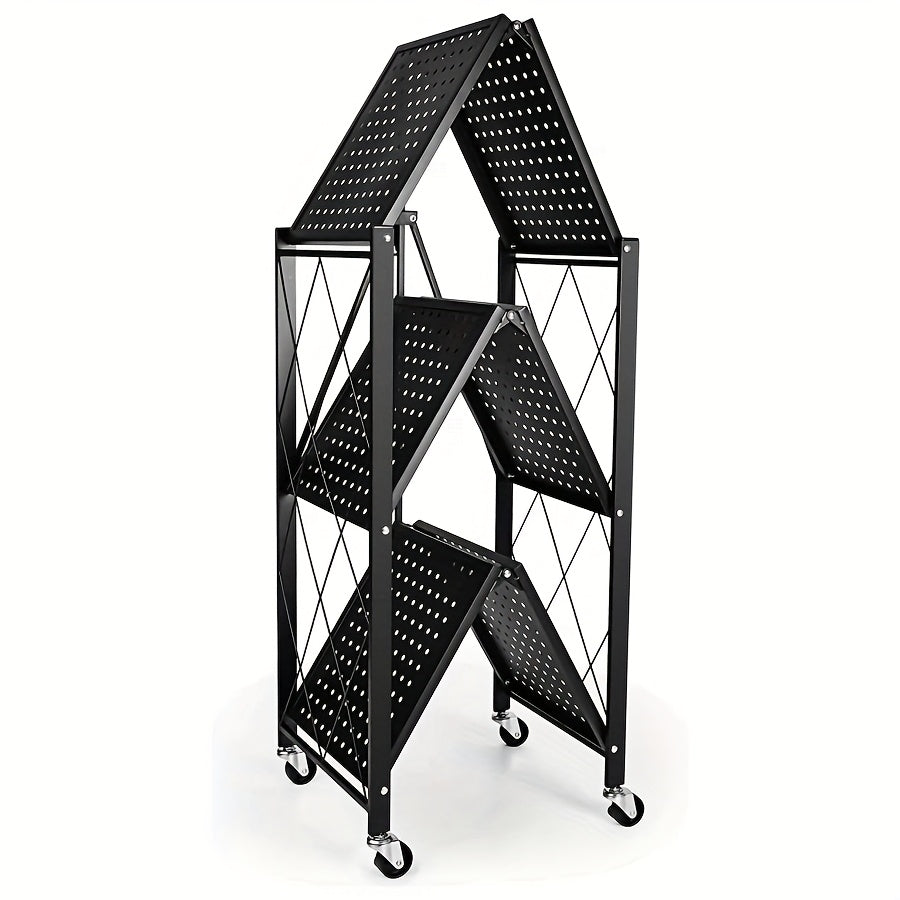 Heavy Duty Storage Rack with Wheels 3-Layer Foldable Metal Shelving Unit 750 LBS Capacity, Rolling Utility Cart for Garage Kitchen Pantry Closet, Movable Black Metal Storage Shelf
