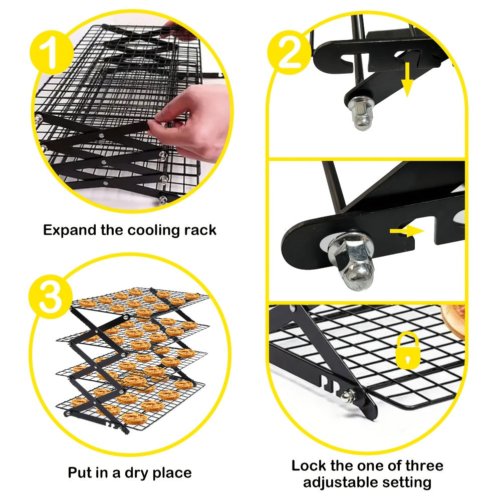 Foldable Cooling Rack Set ¨C Stackable Oven Cookie Cake Drying Rack with Free Baking Tools (Silicone Spatula, Egg Beater, Tongs, Brush) | 3/4/5 Tier Options for Kitchen, Camping & Holiday Baking
