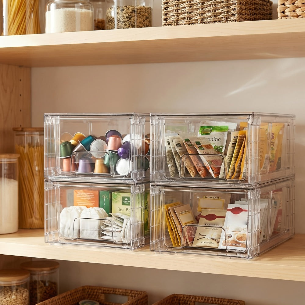 Clear Acrylic Storage Drawers with Handles - Stackable Refrigerator and Pantry Organizer Bins for Snacks Fruits and Vegetables, Food Safe Pull-Out Drawer Bins for Fridge Kitchen Cabinet Under Sink and Bathroom, Available in 4, 6, 8 or 10 Pack