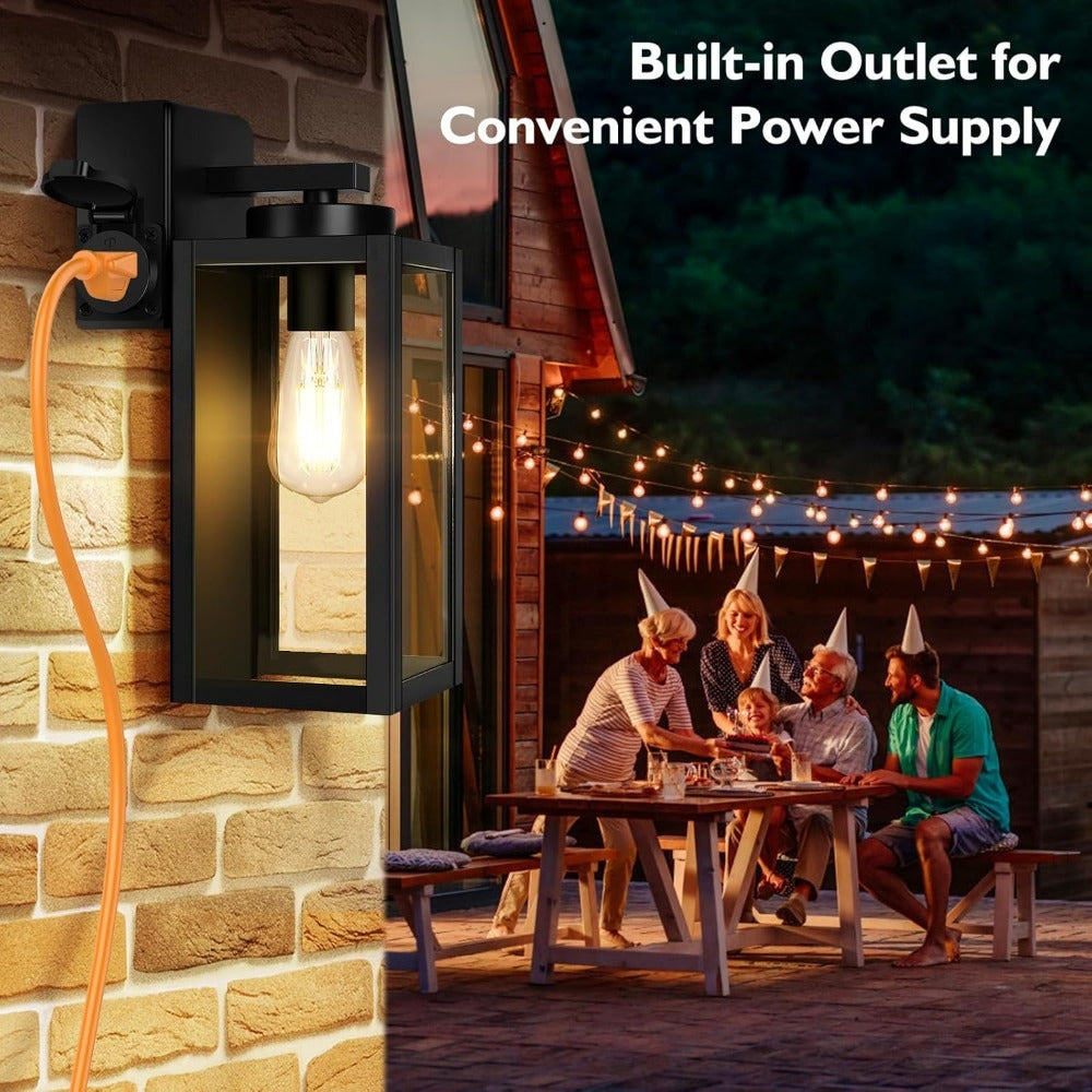 Outdoor Wall Light with Outlet 2-Pack - Modern Exterior Porch Wall Sconce Lighting Fixture for Front Door, Garage & Patio, Weather Resistant, Black & Oil-Rubbed Bronze Finish