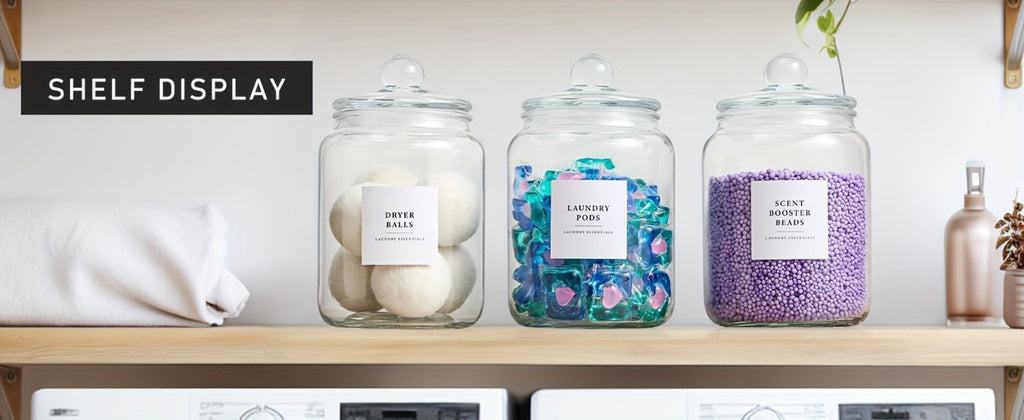 Airtight Glass Jars with Lids Labels and Spoons Half Gallon Storage Canisters for Laundry Detergent Pods Scent Booster Beads Kitchen Pantry Organization Food Safe Wide Mouth 1 2 3 4 Pack