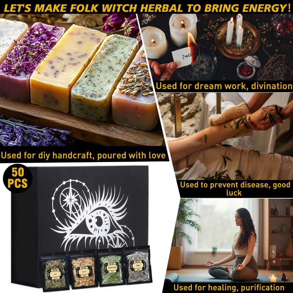 Dried Herbs for Witchcraft 50-Pack ¨C Bulk Dried Flowers & Herb Kit for Wicca Beginners, Pagan Rituals, Magic Spells & Altar Supplies, Candle & Soap Making, Esoteric Witchcraft Gift Set