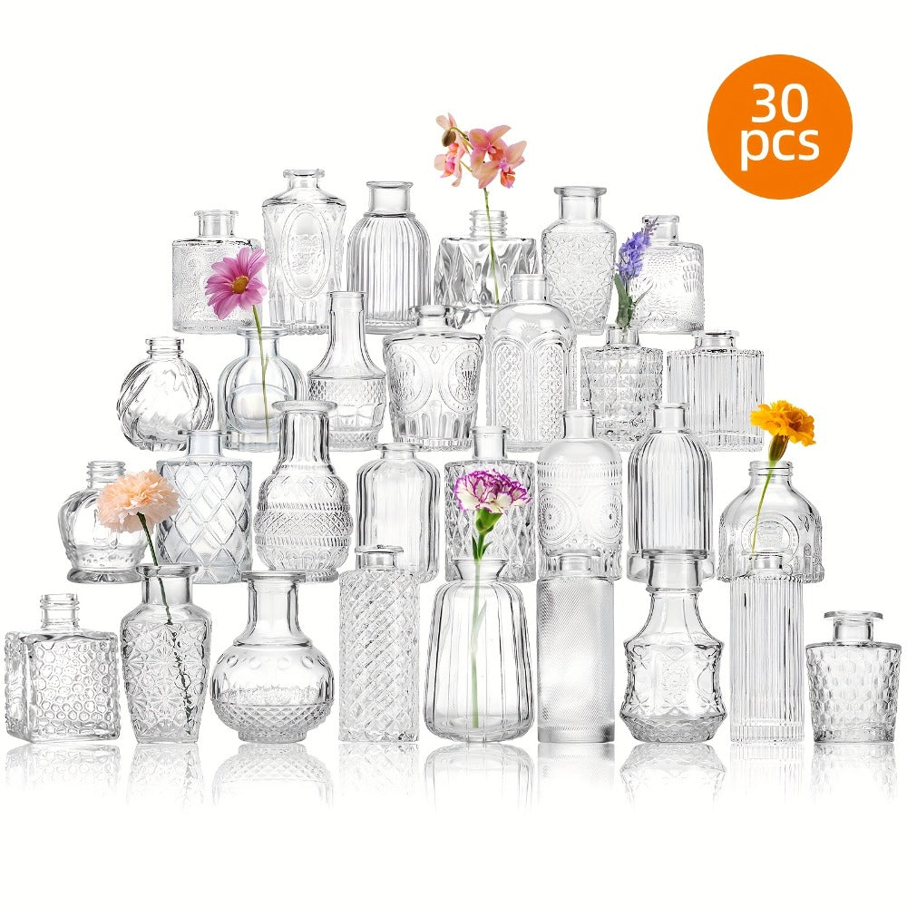 Mini Clear Bud Vases Bulk Set 12/30/43/52pcs ¨C Small Glass-Look Flower Vases for Wedding Centerpieces, Birthday Party, Anniversary, Home Table Decor, Multiple Sizes