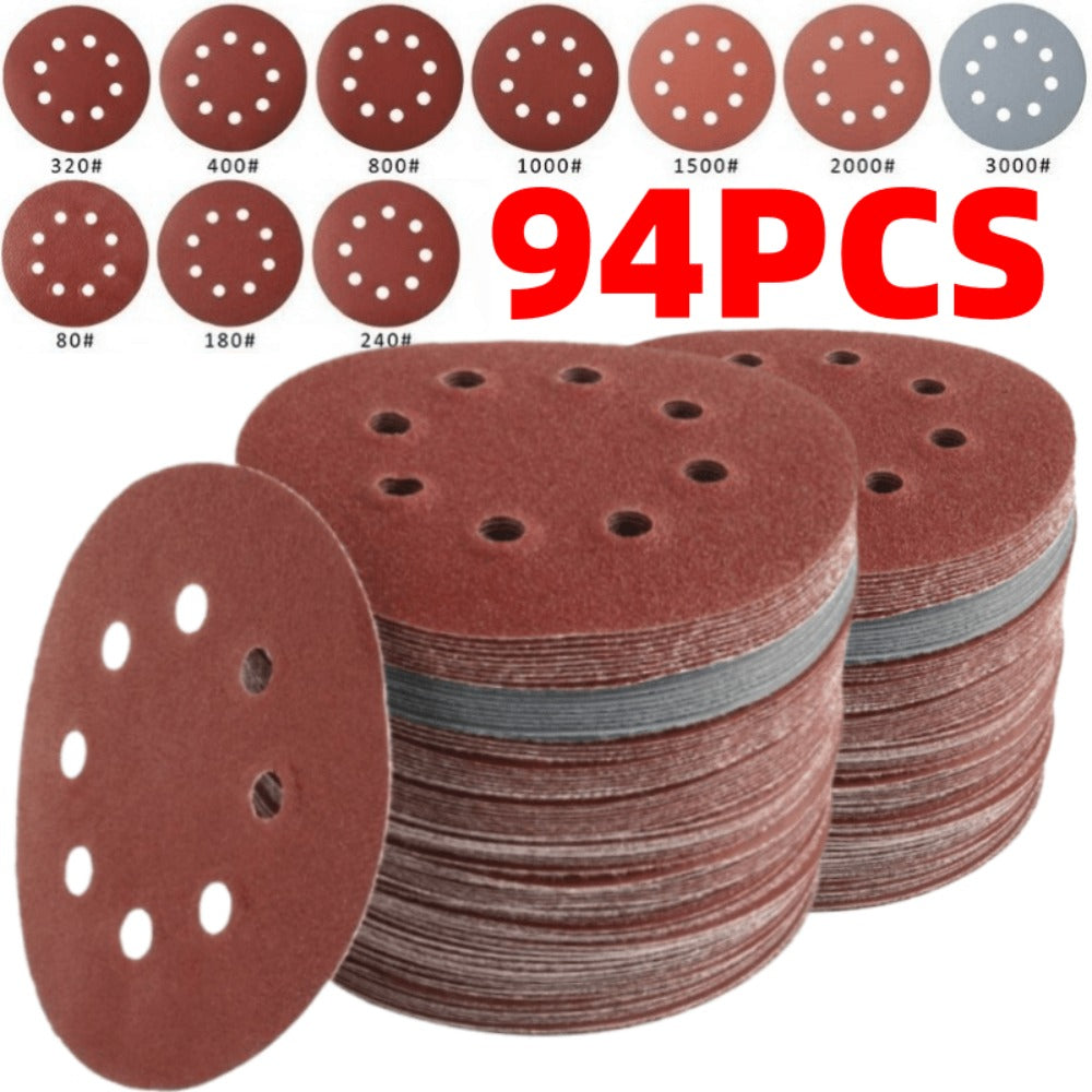 5 Inch Sandpaper 94 Pcs ¨C 8-Hole Hook & Loop Sanding Discs, Assorted Grits 80/180/240/320/400/800/1000/1500/2000/3000, Aluminum Oxide Abrasive for Car Polishing, Wood, Metal & Paint Removal (125mm)