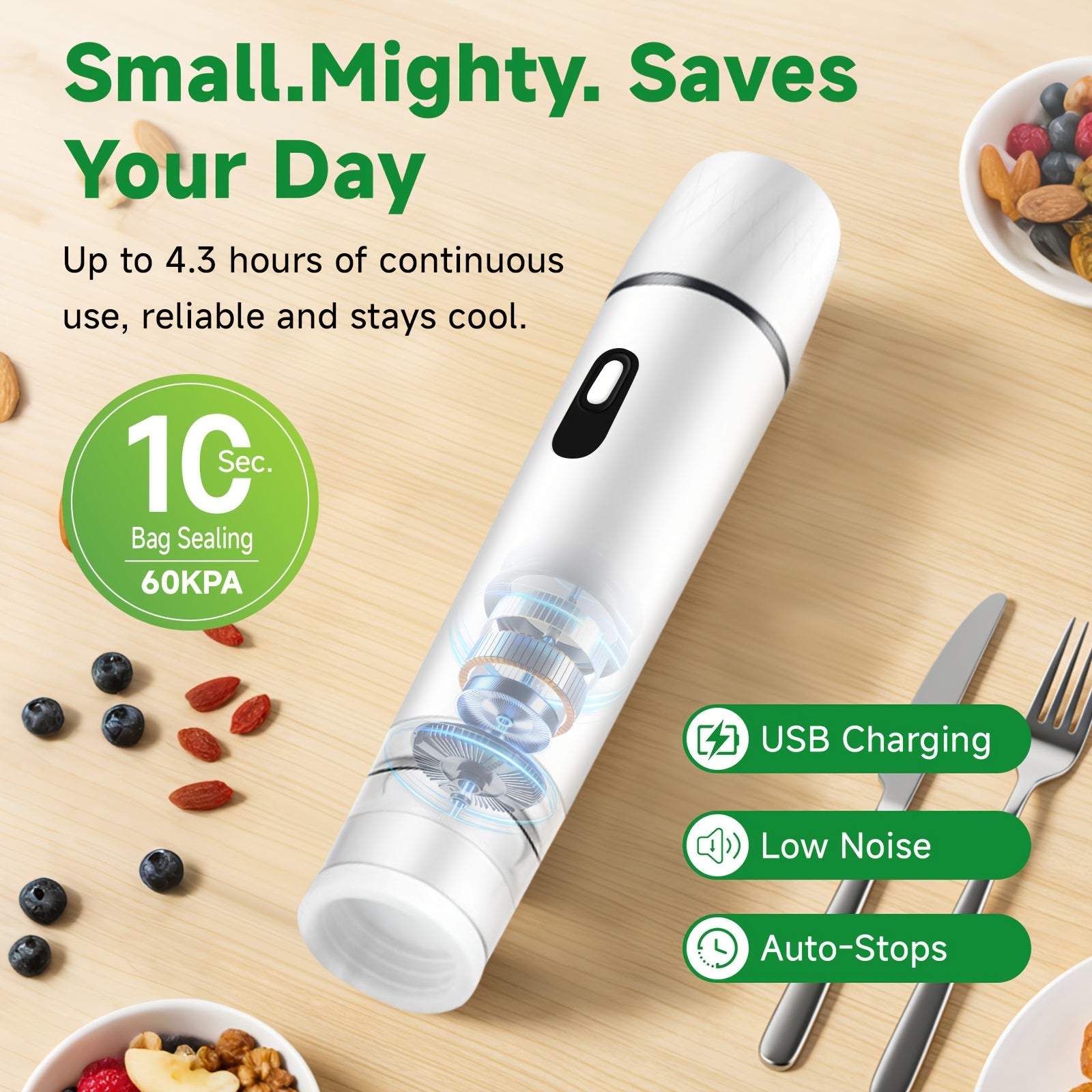 Vacuum Sealing Machine with Reusable Vacuum Bags ¨C Compact Handheld Food Sealer, Portable Meal Storage Device, Powerful Suction, Kitchen Food Preservation Tool with 10 Reusable Bags Included