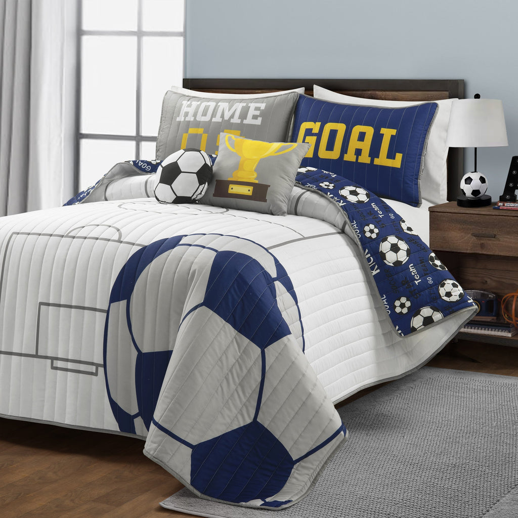 Kids Soccer Quilt Set 4 5 Piece Reversible Microfiber Bedspread Lightweight All Season Comforter with Pillow Shams Decorative Pillows Twin Full Queen