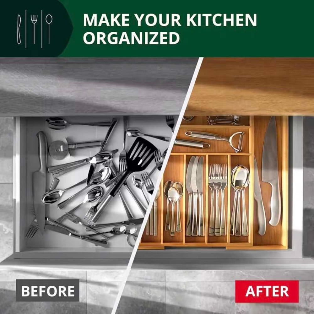 Bamboo Drawer Organizer Expandable Adjustable 9-Compartment Silverware Tray Cutlery Utensil Holder for Kitchen Drawer Office Desk Bedroom Eco-Friendly Bamboo Storage Divider Organizer