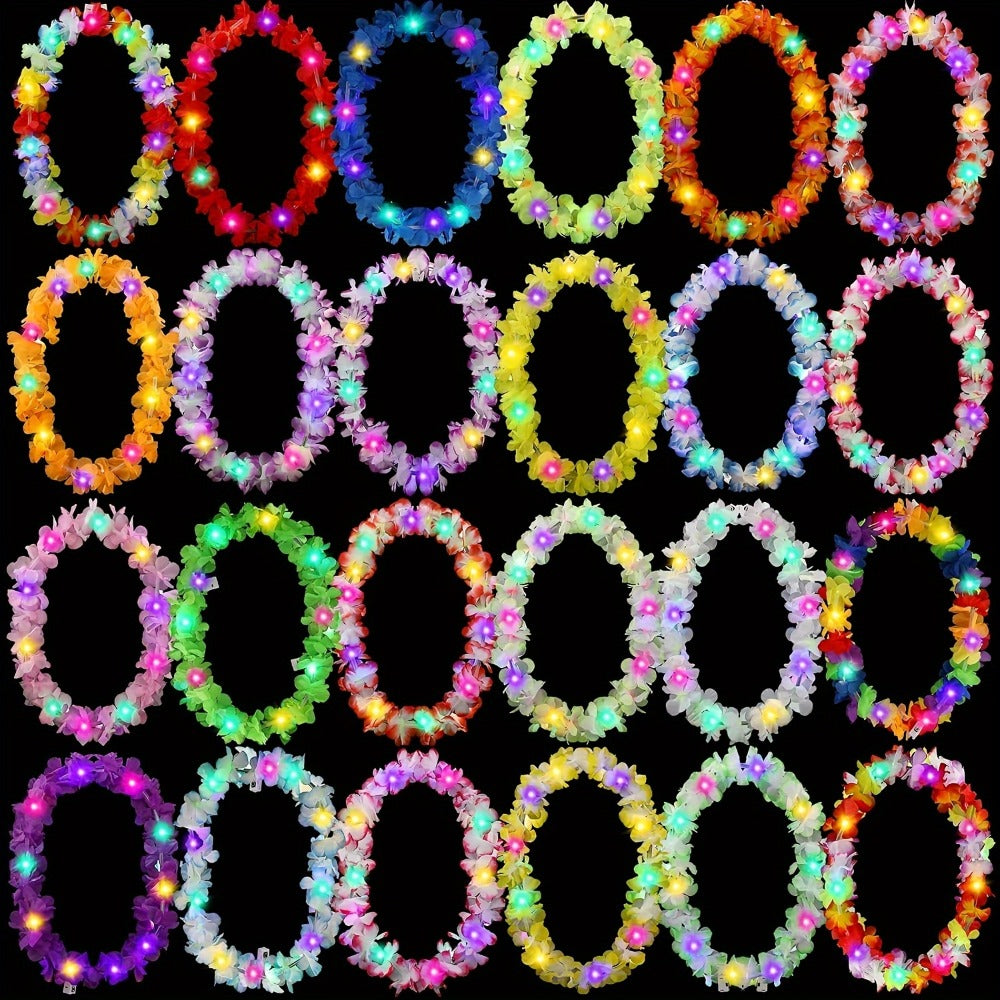 Light Up Hawaiian Lei Necklace 26pcs LED Flower Leis Glow Necklaces for Luau Party Beach Party Tropical Costume Accessories