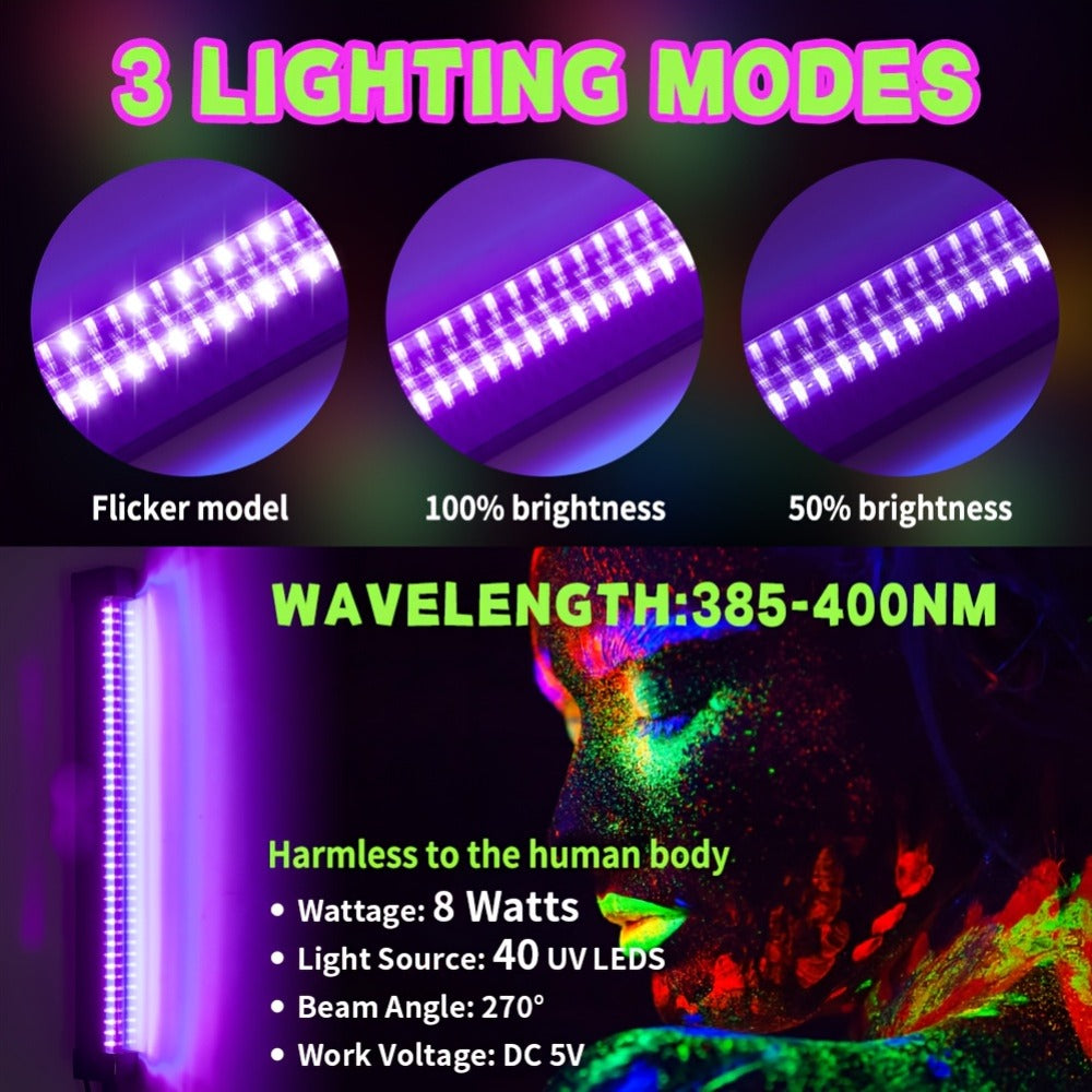 UV Black Light Bars & Strips 8-Piece Set ¨C 385-400nm USB Powered 5V LED Blacklight for Glow Party, Halloween, Neon Party, Body Paint & Fluorescent Art (4x32cm + 4x250cm)