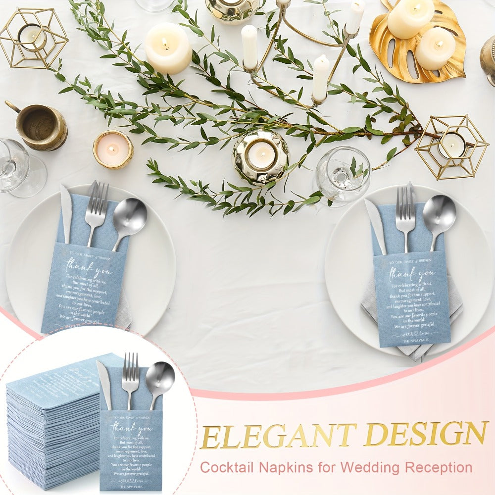 Wedding Cocktail Napkins 100pcs Thank You Napkins with Utensil Pocket Haze Blue Tissue Napkins for Bridal Shower Rehearsal Dinner Reception Party Supplies Newlyweds Guests