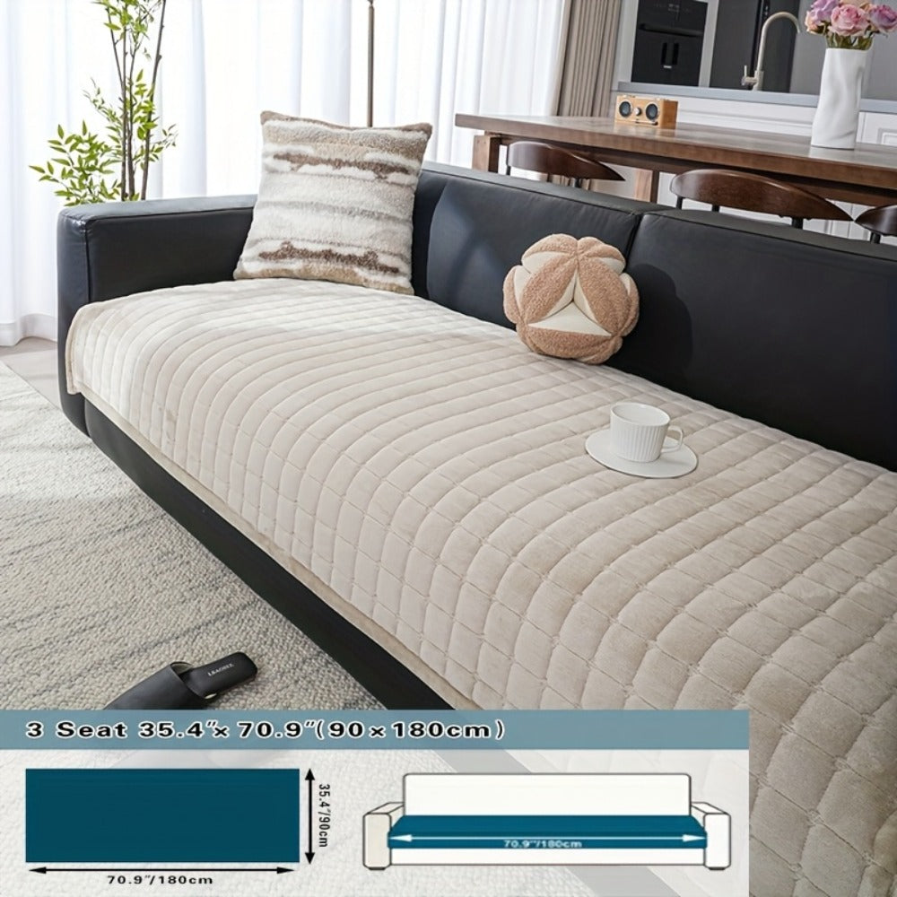 Sofa Cushion Cover Flannel Non-Slip Bohemian Style Soft Plush Couch Cover - Machine Washable Solid Color Slipcover for 2/3/4-Seater Sofa Living Room Bedroom Office, Coffee Gray White, Easy Care