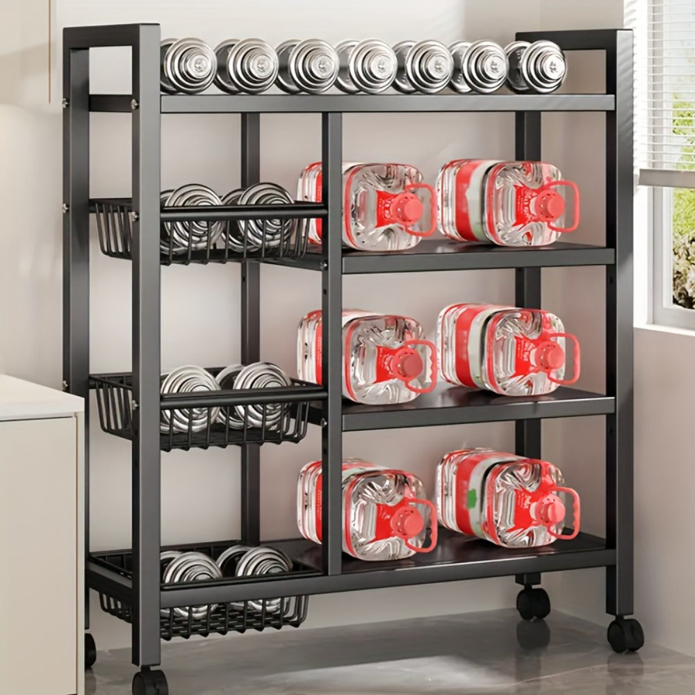 4 Tier Rolling Storage Rack with Wire Baskets Adjustable Metal Shelf on Wheels for Kitchen Pantry Bathroom Garage Closet Organizer