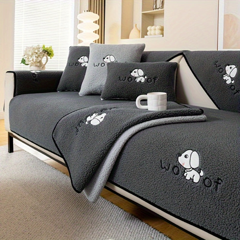 Sherpa Plush Sofa Cover Non-Slip | Thick Fleece Couch Protector, Pet Friendly Furniture Shield, 1 to 4 Seat, Armrest Backrest Pillowcase, Deep Gray Light Gray Coffee Off White