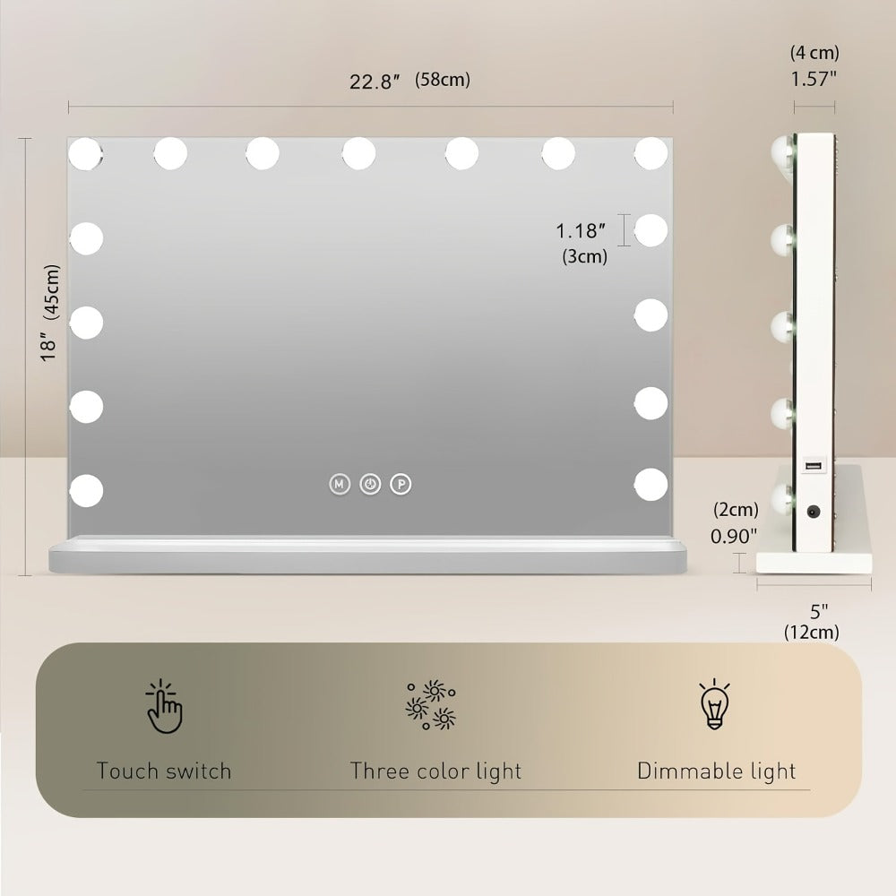 Hollywood Vanity Mirror with Lights ¨C 15 LED Bulbs, 3 Color Modes, Dimmable Brightness, 23x18 Inch, USB & Type-C Charging, Touch Control, Desk & Wall Mount, Metal Frame Makeup Mirror