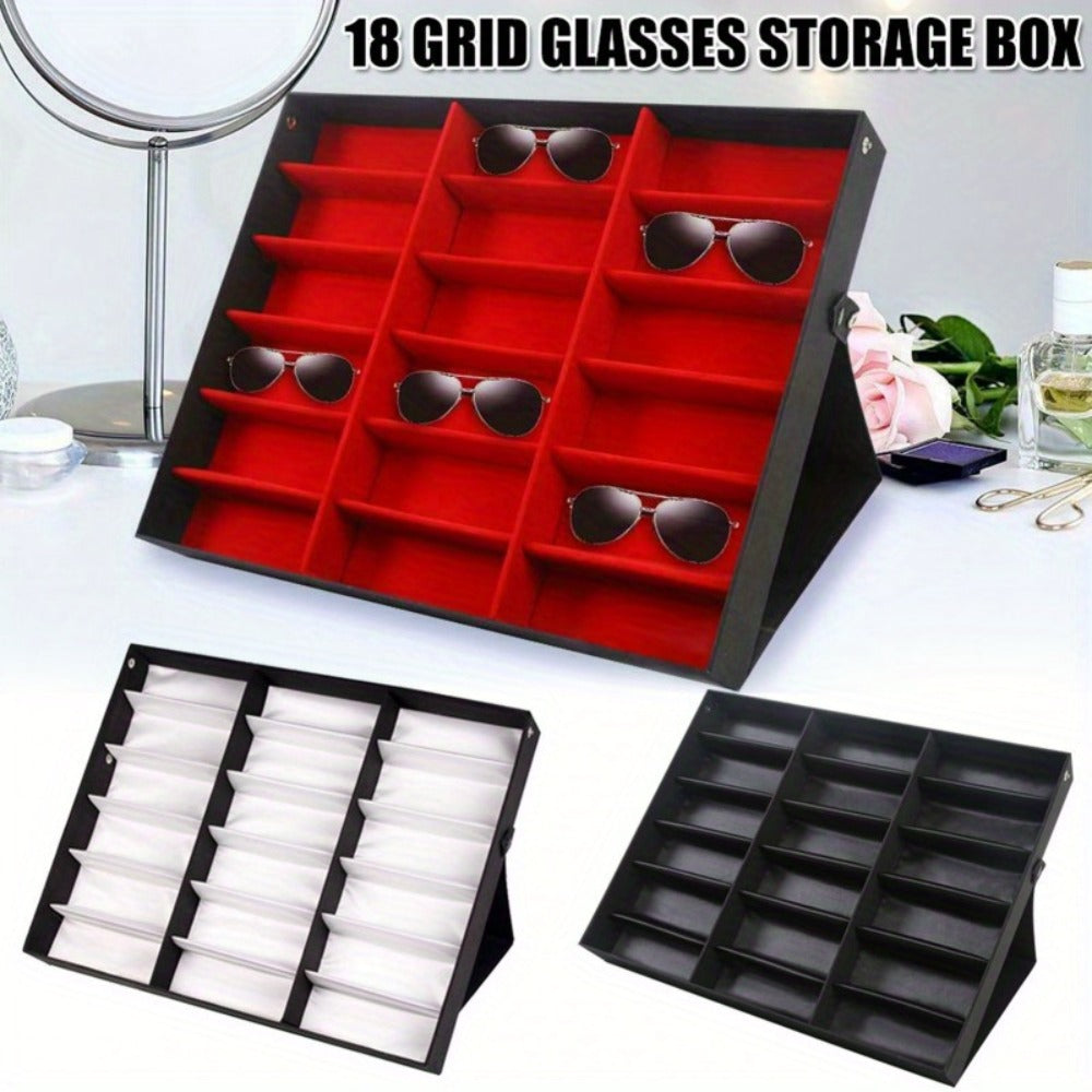 Eyeglass Organizer Box 18 Grid - Velvet Sunglasses Display Case with Foldable Cover, Scratch-Proof Storage for Glasses & Jewelry, Black or White