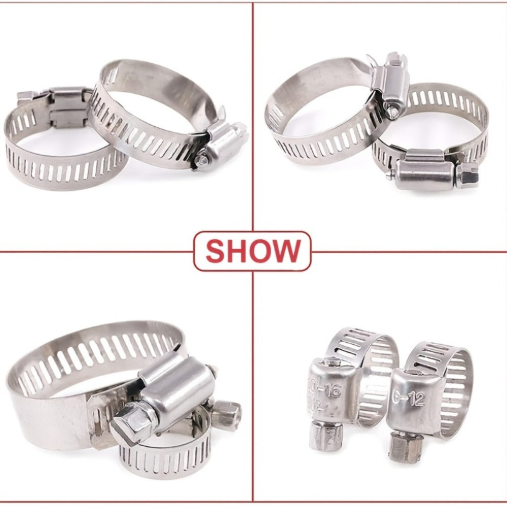 Stainless Steel Hose Clamps 100-Pack Assortment Kit - Multiple Universal Sizes Adjustable Hose Clips for Fuel Line Plumbing Automotive Garden Marine HVAC, Heavy Duty with Storage Case, Silver