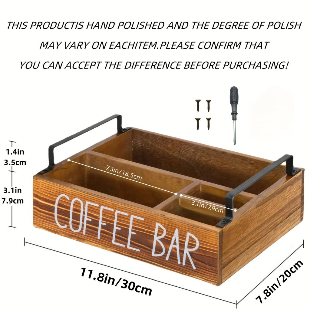 Coffee Bar Organizer Wooden Farmhouse Style - Rustic COFFEE BAR Sign Storage Tray for Pods Sugar Creamer Accessories, Waterproof Rectangular Countertop Organizer for Kitchen Coffee Station Decor