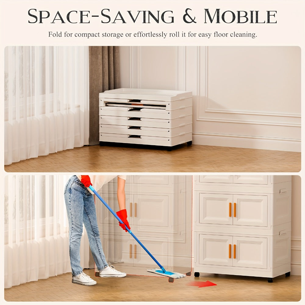 Folding Wardrobe Storage Cabinet on Wheels with Magnetic Door, Hanging Rod & Shelves ¨C 25.6¡± Wide Portable Closet Organizer